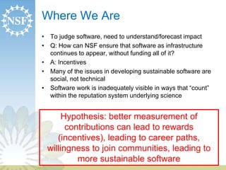 Where We Are 
• To judge software, need to understand/forecast impact 
• Q: How can NSF ensure that software as infrastructure 
continues to appear, without funding all of it? 
• A: Incentives 
• Many of the issues in developing sustainable software are 
social, not technical 
• Software work is inadequately visible in ways that “count” 
within the reputation system underlying science 
Hypothesis: better measurement of 
contributions can lead to rewards 
(incentives), leading to career paths, 
willingness to join communities, leading to 
more sustainable software 
 