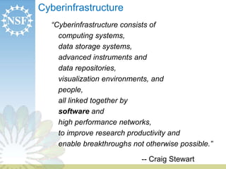 Cyberinfrastructure 
“Cyberinfrastructure consists of 
computing systems, 
data storage systems, 
advanced instruments and 
data repositories, 
visualization environments, and 
people, 
all linked together by 
software and 
high performance networks, 
to improve research productivity and 
enable breakthroughs not otherwise possible.” 
-- Craig Stewart 
 