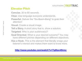 Elevator PitchConcise.30 to 60 seconds.Clear.Use language everyone understands.Powerful.Deliver the "Sis-Boom-Bang" to grab their attention!Visual. Create a visual image.Tell a Story.A short story that is, show a solution.Targeted.Who is your audience(s)?Goal Oriented. What is your desired outcome? You may have different pitches depending on different objectives. Has a Hook.This is the element that literally snags your listener's interest and makes them want to know more. http://www.youtube.com/watch?v=Tq0tan49rmchttp://www.youtube.com/watch?v=Tq0tan49rmc