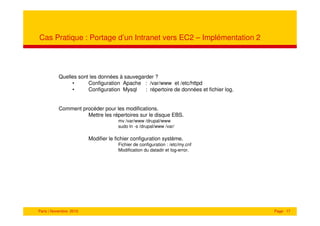 Cas Pratique : Portage d’un Intranet vers EC2 – Implémentation 2




          Quelles sont les données à sauvegarder ?
               •      Configuration Apache : /var/www et /etc/httpd
               •      Configuration Mysql    : répertoire de données et fichier log.


          Comment procéder pour les modifications.
                    Mettre les répertoires sur le disque EBS.
                                     mv /var/www /drupal/www
                                     sudo ln -s /drupal/www /var/

                        Modifier le fichier configuration système.
                                     Fichier de configuration : /etc/my.cnf
                                     Modification du datadir et log-error.




Paris | Novembre 2010                                                                  Page 17
 