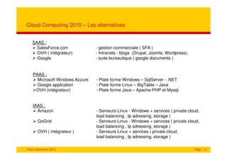 Cloud Computing 2010 – Les alternatives


   SAAS :
     SalesForce.com              - gestion commerciale ( SFA )
     OVH ( intégrateur)          - Intranets - blogs (Drupal, Joomla, Wordpress).
     Google                      - suite bureautique ( google documents )


    PAAS :
      Microsoft Windows Azzure   - Plate forme Windows – SqlServer - .NET
      Google application         - Plate forme Linux – BigTable – Java
     OVH (intégrateur)           - Plate forme Java – Apache-PHP et Mysql.


    IAAS :
      Amazon                     - Serveurs Linux - Windows + services ( private cloud,
                                 load balancing , Ip adressing, storage )
       GoGrid                    - Serveurs Linux - Windows + services ( private cloud,
                                 load balancing , Ip adressing, storage )
       OVH ( intégrateur )       - Serveurs Linux + services ( private cloud,
                                 load balancing , Ip adressing, storage )

Paris | Novembre 2010                                                               Page   5
 