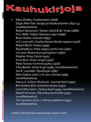  Mary Shelley: Frankenstein (1818)
EdgarAllan Poe: Korppi ja kultakuoriainen (1840-47;
novellikokoelma)
Robert Stevenson:Tohtori Jekyll & Mr. Hyde (1886)
H.G.Wells:Tohtori Moreaun saari (1896)
Bram Stoker: Dracula (1897)
H.P. Lovecraft: Charles Dexter Wardin tapaus (1928)
Robert Bloch: Psyko (1959)
Ray Bradbury: Paha saapuu portin taa (1962)
Ira Levin: Rosemaryn painajainen (1967)
Stephen King: Carrie (1974)
Anne Rice:Veren vangit (1976)
Peter Straub: Kummitusjuttu (1976)
Clive Barker:Veren kirjat (1985; novellikokoelmat)
Joe R. Lansdale:Yöjuoksijat (1987)
Ellen Datlow (toim.): Ei vain verestä (1989;
novellikokoelma)
Nancy A. Collins: Musta yö - tummat lasit (1990)
Bret Easton Ellis:Amerikan psyko (1991)
LisaTuttle (toim.): Sielusi hipiä (1991; novellikokoelma)
MaaritVerronen: Älä maksa lautturille (1992;
novellikokoelma)
Toni Jerrman (toim.): Himon anatomia (1997;
novellikokoelma)
(Lähde: http://yle.fi/tv1ope/outo/op_kauhu2.html)
 