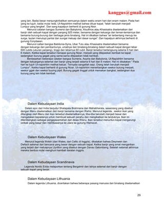 kanggus@gmail.com
yang lain. Badai besar menjungkirbalikan semuanya dalam waktu enam hari dan enam malam. Pada hari
yang ke tujuh, badai mulai reda. Ut-Napishtim melihat bahwa diluar kapal, “telah berubah menjadi
Lumpur yang lengket’. Dan sang kapalpun berhenti di gunung Nisir.
      Menurut catatan bangsa Sumeria dan Babylonia, Xisuthros atau Khasisatra diselamatkan dari
banjir oleh sebuah kapal dengan panjang 925 meter, bersama dengan keluarga dan teman-temannya dan
bersama burung-burung dan berbagai jenis binatang. Hal ini dikatkan bahwa “air terbentang menuju ke
surga, lautan menutupi pantai dan sungai meluap dari dasar sungai”. Dan kapalpun akhirnya berhenti di
gunung Corydaean.
      Menurut cattan bangsa Babilonia-Syria, Ubar Tutu atau Khasisatra diselamatkan bersama
dengan keluarga dan pembantunya, umatnya dan binatang-binatang dalam sebuah kapal dengan lebar
600 cubits (ukuran panjang), tinggi dan lebarnya 60 cubit. Banjir tersebut berlangsung selama 6 hari dan
6 malam. Ketika kapal tersebut menapai gunung Nizar, merpati yang dilepaskan kembali ke kapal
sedangkan burung gagak yang sama-sama dilepaskan tidak kembali.
      Berdasarkan beberapa catatan bangsa Sumeria, Asyiria dan Babylonia, Ut-Napishtim bersama
dengan keluarganya selamat dari banjir yang terjadi selama 6 hari dan 6 malam. Hal ini dikatakan “ Pada
hari ke tujuh Ut-napishtim melihat keluar. Ternyata sangatlah sepi. Orang telah berubah menjadi
Lumpur”. Ketika kapal berhenti di gunung Nizar, Ut-napishtim menerbangkan seekor burung merpati,
seekor ggak dan seekor buurng pipit. Burung gagak tinggal untuk memakan bangkai, sedangkan dua
burung yang lain tidak kembali.




      Dalam Kebudayaan India
    Dalam epic dari India berjudul Shatapata Brahmana dan Mahabharata, seseorang yang disebut
dengan Manu diselamatkan dari banjir bersama dengan Rishiz. Menurut legenda , seekor ikan yang
ditangkap oleh Manu dan ikan tersebut diselamatkannya, tiba-tiba berubah menjadi besar dan
mengatakan kepadanya untuk membuat sebuah perahu dan mengikatkan ke tanduknya. Ikan ini
dilambangkan sebagai pengejawantahan dari dewa Wisnu. Ikan tersebut menuntun kapal mengarungi
ombak yang besar dan membawanya ke utara ke gunung Hismavat.




      Dalam Kebudayaan Wales
   Menurut legenda Welsh (dari Wales, dari Celtic di Inggris), dikatakan bahwa Dwynwen dan
Dwfach selamat dari bencana yang besar dengan sebuah kapal. Ketika banjir yang amat mengerikan
yang terjadi dari meluapnya Llynllion yang disebut dengan Danau Gelombang. Setelah selamat akhirnya
mereka berdua mulai menghuni kembali daratan Inggris.



      Dalam Kebudayaan Scandinavia
   Legenda Nordic Edda melaporkan tentang Bergalmir dan istriya selamat dari banjir dengan
sebuah kapal yang besar.


      Dalam Kebudayaan Lithuania
      Dalam legenda Lithuania, diceritakan bahwa beberapa pasang manusia dan binatang diselamatkan



                                                                                                     29
 