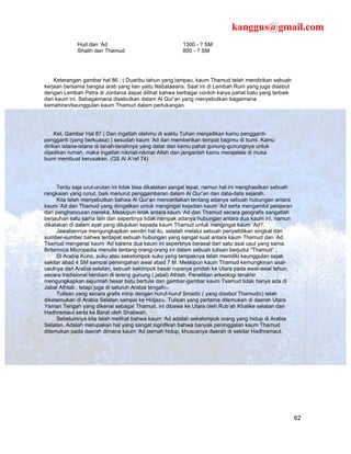 kanggus@gmail.com
             Hud dan ‘Ad                                1300 - ? SM
             Shalih dan Thamud                          800 - ? SM




    Keterangan gambar hal 86 : ( Duaribu tahun yang lampau, kaum Thamud telah mendirikan sebuah
kerjaan bersama bangsa arab yang lian yaitu Nabataeans. Saat ini di Lembah Rum yang juga disebut
dengan Lembah Petra di Jordania dapat dilihat bahwa berbagai contoh karya pahat batu yang terbaik
dari kaum ini. Sebagaimana disebutkan dalam Al Qur’an yang menyebutkan bagaimana
kemahiran/keunggulan kaum Thamud dalam pertukangan.




     Ket. Gambar Hal 87 ( Dan ingatlah olehmu di waktu Tuhan menjadikan kamu pengganti-
pengganti (yang berkuasa) ) sesudah kaum ‘Ad dan memberikan tempat bagimu di bumi. Kamu
dirikan istana-istana di tanah-tanahnya yang datar dan kamu pahat gunung-gunungnya untuk
dijadikan rumah, maka ingatlah nikmat-nikmat Allah dan janganlah kamu merajalela di muka
bumi membuat kerusakan. (QS Al A’raf 74)




      Tentu saja urut-urutan ini tidak bisa dikatakan sangat tepat, namun hal ini menghasilkan sebuah
rangkaian yang runut, baik menurut penggambaran dalam Al Qur’an dan data-data sejarah.
      Kita telah menyebutkan bahwa Al Qur’an menceritakan tentang adanya sebuah hubungan antara
kaum ‘Ad dan Thamud yang diingatkan untuk mengingat kejadian kaum ‘Ad serta mengambil pelajaran
dari penghancuran mereka. Meskipun letak antara kaum ‘Ad dan Thamud secara geografis sangatlah
berjauhan satu sama lain dan sepertinya tidak nampak adanya hubungan antara dua kaum ini, namun
dikatakan di dalam ayat yang ditujukan kepada kaum Thamud untuk mengingat kaum ‘Ad?.
      Jawabannya mengungkapkan sendiri hal itu, setelah melalui sebuah penyelidikan singkat dari
sumber-sumber bahwa terdapat sebuah hubungan yang sangat kuat antara kaum Thamud dan ‘Ad.
Tsamud mengenal kaum ‘Ad karena dua kaum ini sepertinya berasal dari satu asal usul yang sama.
Britannica Micropedia menulis tentang orang-orang ini dalam sebuah tulisan berjudul “Thamud” ;
      Di Arabia Kuno, suku atau sekelompok suku yang tampaknya telah memiliki keunggulan sejak
sekitar abad 4 SM sampai pertengahan awal abad 7 M. Meskipun kaum Thamud kemungkinan asal-
usulnya dari Arabia selatan, sebuah kelompok besar rupanya pindah ke Utara pada awal-awal tahun,
secara tradisional berdiam di lereng gunung ( jabal) Athlab. Penelitian arkeologi terakhir
mengungkapkan sejumlah besar batu bertulis dan gambar-gambar kaum Tsamud tidak hanya ada di
Jabal Athlab , tetapi juga di seluruh Arabia tengah31.
      Tulisan yang secara grafis mirip dengan huruf-huruf Smaitic ( yang disebut Thamudic) telah
diketemukan di Arabia Selatan sampai ke Hidjaz32. Tulisan yang pertama ditemukan di daerah Utara
Yaman Tengah yang dikenal sebagai Thamud, ini dibawa ke Utara oleh Rub’ah Khalike selatan dan
Hadhramaut serta ke Barat oleh Shabwah.
      Sebelumnya kita telah melihat bahwa kaum ‘Ad adalah sekelompok orang yang hidup di Arabia
Selatan. Adalah merupakan hal yang sangat signifikan bahwa banyak peninggalan kaum Thamud
ditemukan pada daerah dimana kaum ‘Ad pernah hidup, khususnya daerah di sekitar Hadhramaut,




                                                                                                        62
 