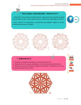 P á g i n a 9 | 22
TALLER DE GEOMETRÍA
Propuesta de integración entre los Niveles Primario y el Secundario
Idea
 Para seguir aprendiendo: Sugerencia 1:
1. Reproducir nuevamente el modelo anterior. Luego mover las escuadras de modo
que coincidan sus pies. ¿Cómo queda la nueva construcción? ¿Qué figura se forma?
2. Unir vértices no consecutivos y determinar que polígono regular se forma.
¿Pueden formarse otros? ¿Cuáles?
 Sugerencia 2:
1. Construir en equipo un hexágono con 36 escuadras de 30°.
2. Reproducirlo en la carpeta, ayudándose de los instrumentos de Geometría.
3. Encontrar y marcar los distintos polígonos (triángulos, cuadriláteros, etc.). Con
tu maestra puedes darle nombre.
T. en E.
D. C.
DEBATE
 