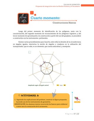 P á g i n a 17 | 22
TALLER DE GEOMETRÍA
Propuesta de integración entre los Niveles Primario y el Secundario
Luego del primer momento de identificación de los polígonos, junto con la
caracterización, del segundo momento de reconocimiento de los polígonos regulares, y del
tercer momento de aproximación a la construcción a partir del uso del geoplano, se procederá
a construirlas con los instrumentos pertinentes.
Existen varios procedimientos para hacerlo, entre ellos la división de la circunferencia
en ángulos iguales, interioriza la noción de ángulos y coadyuva en la utilización del
transportador, que se sabe, es un elemento, que cuesta naturalizar, y manipular.
Cuarto momento:
Construcciones Básicas
 ACTIVIDADES 8:
1. Siguiendo las explicaciones del profesor, construir la figura propuesta
haciendo uso de los instrumentos de geometría.
OBSERVACIÓN: los alumnos tutores recorrerán los bancos para colaborar
y guiar para la consecución de la propuesta.
D. C.
 