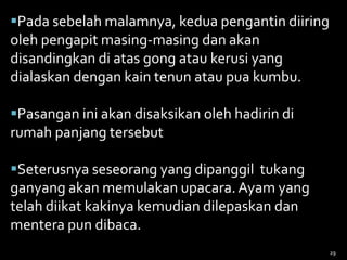 Pada sebelah malamnya, kedua pengantin diiring
oleh pengapit masing-masing dan akan
disandingkan di atas gong atau kerusi yang
dialaskan dengan kain tenun atau pua kumbu.
Pasangan ini akan disaksikan oleh hadirin di
rumah panjang tersebut
Seterusnya seseorang yang dipanggil tukang
ganyang akan memulakan upacara.Ayam yang
telah diikat kakinya kemudian dilepaskan dan
mentera pun dibaca.
29
 