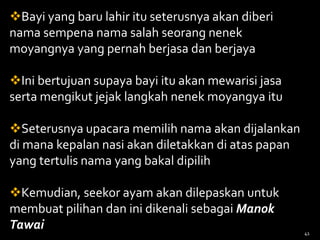 Bayi yang baru lahir itu seterusnya akan diberi
nama sempena nama salah seorang nenek
moyangnya yang pernah berjasa dan berjaya
Ini bertujuan supaya bayi itu akan mewarisi jasa
serta mengikut jejak langkah nenek moyangya itu
Seterusnya upacara memilih nama akan dijalankan
di mana kepalan nasi akan diletakkan di atas papan
yang tertulis nama yang bakal dipilih
Kemudian, seekor ayam akan dilepaskan untuk
membuat pilihan dan ini dikenali sebagai Manok
Tawai 41
 