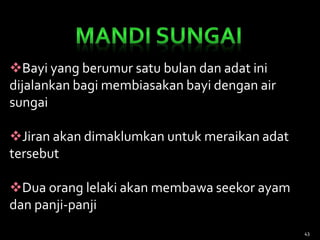 Bayi yang berumur satu bulan dan adat ini
dijalankan bagi membiasakan bayi dengan air
sungai
Jiran akan dimaklumkan untuk meraikan adat
tersebut
Dua orang lelaki akan membawa seekor ayam
dan panji-panji
43
 