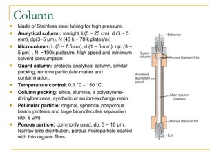 Column Made of Stainless steel tubing for high pressure. Analytical column:  straight, L(5 ~ 25 cm), d (3 ~ 5 mm), dp(3~5 μm). N (40 k ~ 70 k plates/m) Microcolumn:  L (3 ~ 7.5 cm), d (1 ~ 5 mm), dp: (3 ~ 5 μm) , N: ~100k plates/m, high speed and minimum solvent consumption Guard column:  protects analytical column, similar packing, remove particulate matter and contamination. Temperature control:  0.1 °C - 150 °C. Column packing:  silica, alumina, a polystyrene-divinylbenzene, synthetic or an ion-exchange resin Pellicular particle:  original, spherical,nonporous beads,proteins and large biomolecules separation (dp: 5 μm) Porous particle:  commonly used, dp: 3 ~ 10 μm. Narrow size distribution, porous microparticle coated with thin organic films. 