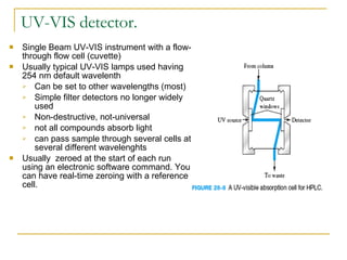 UV-VIS detector. Single Beam UV-VIS instrument with a flow-through flow cell (cuvette) Usually typical UV-VIS lamps used having 254 nm default wavelenth Can be set to other wavelengths (most) Simple filter detectors no longer widely used Non-destructive, not-universal not all compounds absorb light can pass sample through several cells at several different wavelenghts Usually  zeroed at the start of each run using an electronic software command. You can have real-time zeroing with a reference cell. 