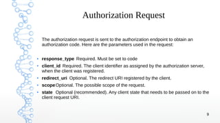 9
Authorization Request
The authorization request is sent to the authorization endpoint to obtain an
authorization code. Here are the parameters used in the request:
●
response_type Required. Must be set to code
●
client_id Required. The client identifier as assigned by the authorization server,
when the client was registered.
●
redirect_uri Optional. The redirect URI registered by the client.
●
scopeOptional. The possible scope of the request.
●
state Optional (recommended). Any client state that needs to be passed on to the
client request URI.
 