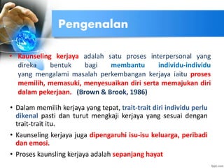 Pengenalan
• Kaunseling kerjaya adalah satu proses interpersonal yang
direka bentuk bagi membantu individu-individu
yang mengalami masalah perkembangan kerjaya iaitu proses
memilih, memasuki, menyesuaikan diri serta memajukan diri
dalam pekerjaan. (Brown & Brook, 1986)
• Dalam memilih kerjaya yang tepat, trait-trait diri individu perlu
dikenal pasti dan turut mengkaji kerjaya yang sesuai dengan
trait-trait itu.
• Kaunseling kerjaya juga dipengaruhi isu-isu keluarga, peribadi
dan emosi.
• Proses kaunsling kerjaya adalah sepanjang hayat
 
