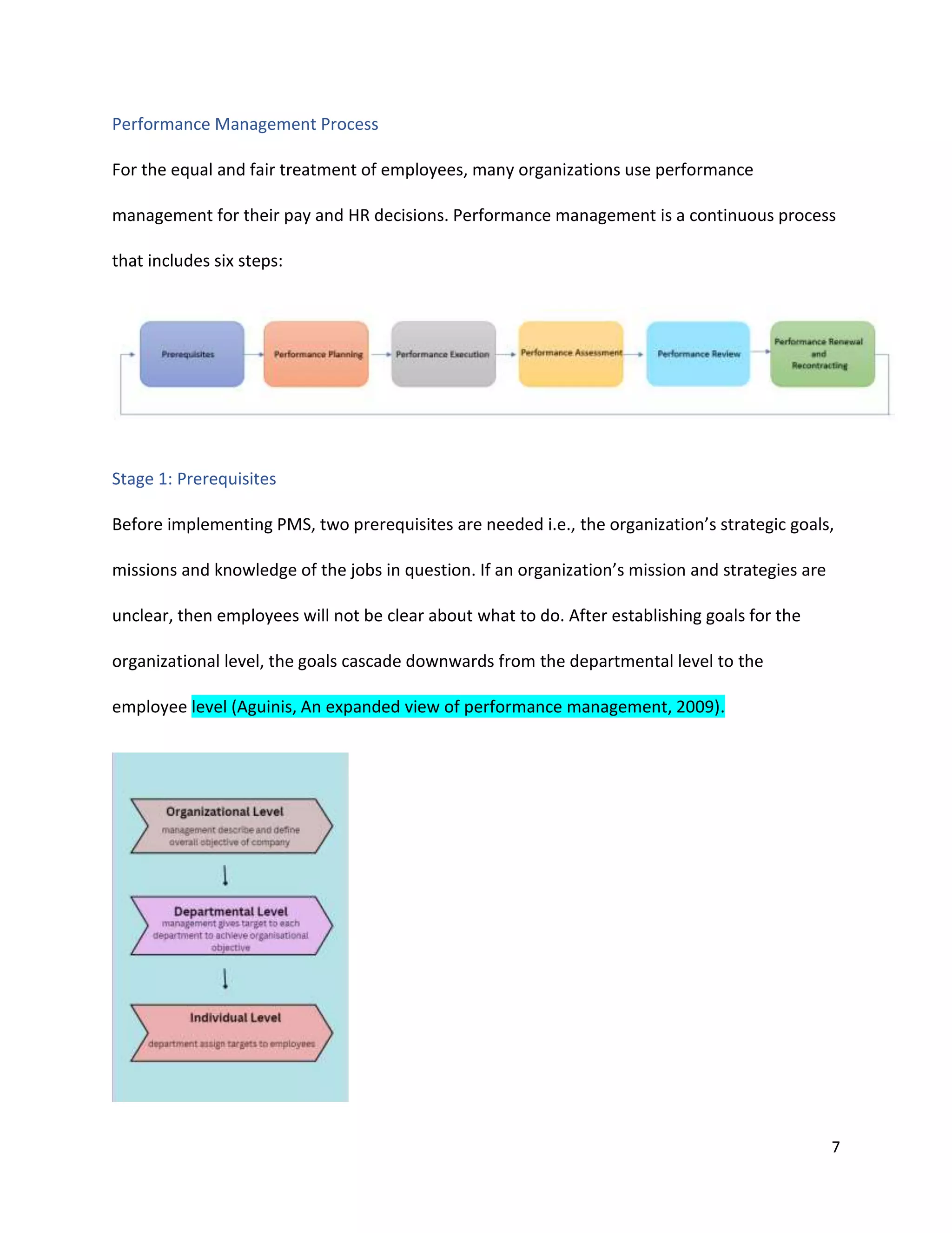 7
Performance Management Process
For the equal and fair treatment of employees, many organizations use performance
management for their pay and HR decisions. Performance management is a continuous process
that includes six steps:
Stage 1: Prerequisites
Before implementing PMS, two prerequisites are needed i.e., the organization’s strategic goals,
missions and knowledge of the jobs in question. If an organization’s mission and strategies are
unclear, then employees will not be clear about what to do. After establishing goals for the
organizational level, the goals cascade downwards from the departmental level to the
employee level (Aguinis, An expanded view of performance management, 2009).
 
