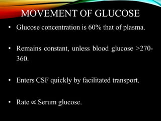 MOVEMENT OF GLUCOSE
• Glucose concentration is 60% that of plasma.
• Remains constant, unless blood glucose >270-
360.
• Enters CSF quickly by facilitated transport.
• Rate ∝ Serum glucose.
 