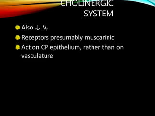 CHOLINERGIC
SYSTEM
Also ↓ Vf
Receptors presumably muscarinic
Act on CP epithelium, rather than on
vasculature
 