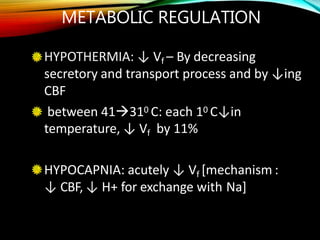 METABOLIC REGULATION
HYPOTHERMIA: ↓ Vf – By decreasing
secretory and transport process and by ↓ing
CBF
between 41310 C: each 10 C↓in
temperature, ↓ Vf by 11%
HYPOCAPNIA: acutely ↓ Vf [mechanism :
↓ CBF, ↓ H+ for exchange with Na]
 