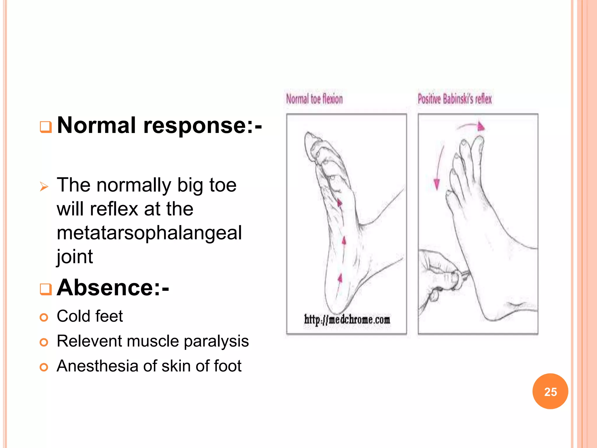  Normal response:-
 The normally big toe
will reflex at the
metatarsophalangeal
joint
 Absence:-
 Cold feet
 Relevent muscle paralysis
 Anesthesia of skin of foot
25
 
