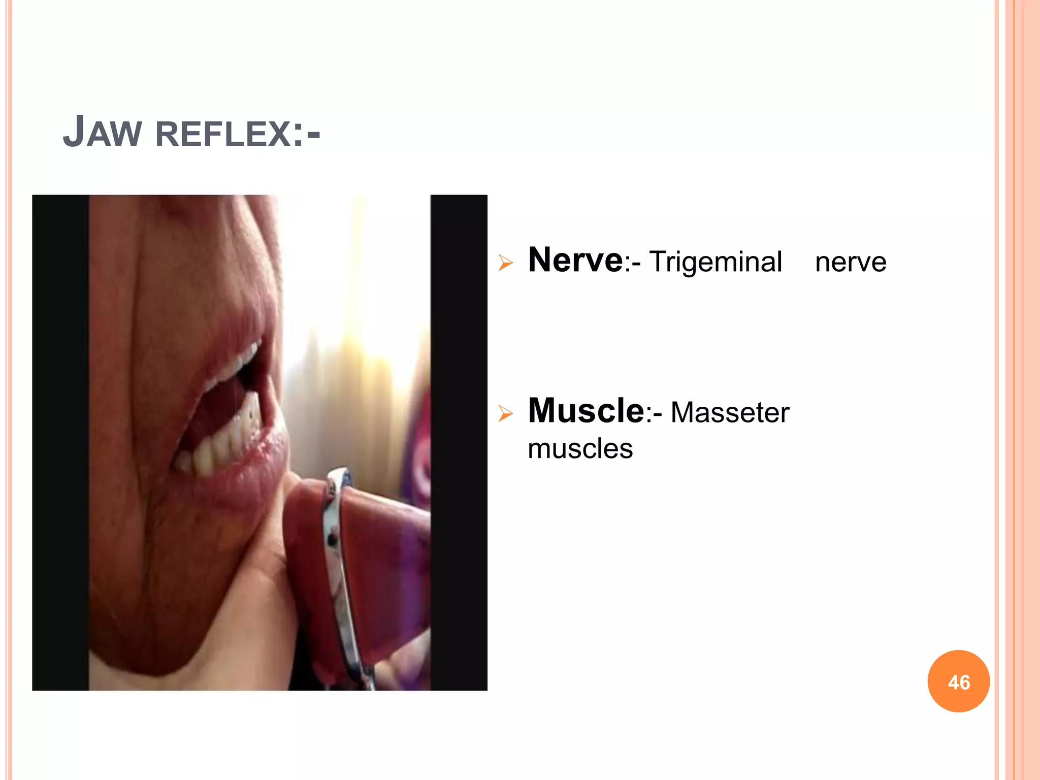 JAW REFLEX:-
 Nerve:- Trigeminal nerve
 Muscle:- Masseter
muscles
46
 