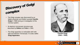 Jens Martensson 2Kaushal Sharma
• The Golgi complex was discovered by an
Italian physician and Noble Laureate Camillo
Golgi in 1898 during an investigation of the
nervous system.
• Its electron microscopic structure was
described by Dalton and Felix in 1954.
• The Golgi apparatus is noticeable with both
light and electron microscope. It is also called
Golgi Apparatus.
Camillo Golgi
(1843 – 1926)
 