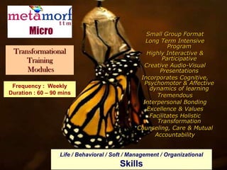 Micro                                       Small Group Format
                                                  Long Term Intensive
                                                           Program
 Transformational                                  Highly Interactive &
     Training                                            Participative
                                                 Creative Audio-Visual
     Modules                                            Presentations
                                                Incorporates Cognitive,
                                                  Psychomotor & Affective
 Frequency : Weekly                                 dynamics of learning
Duration : 60 – 90 mins                                Tremendous
                                                 Interpersonal Bonding
                                                   Excellence & Values
                                                    Facilitates Holistic
                                                       Transformation
                                               Counseling, Care & Mutual
                                                      Accountability


                  Life / Behavioral / Soft / Management / Organizational
                                        Skills
 