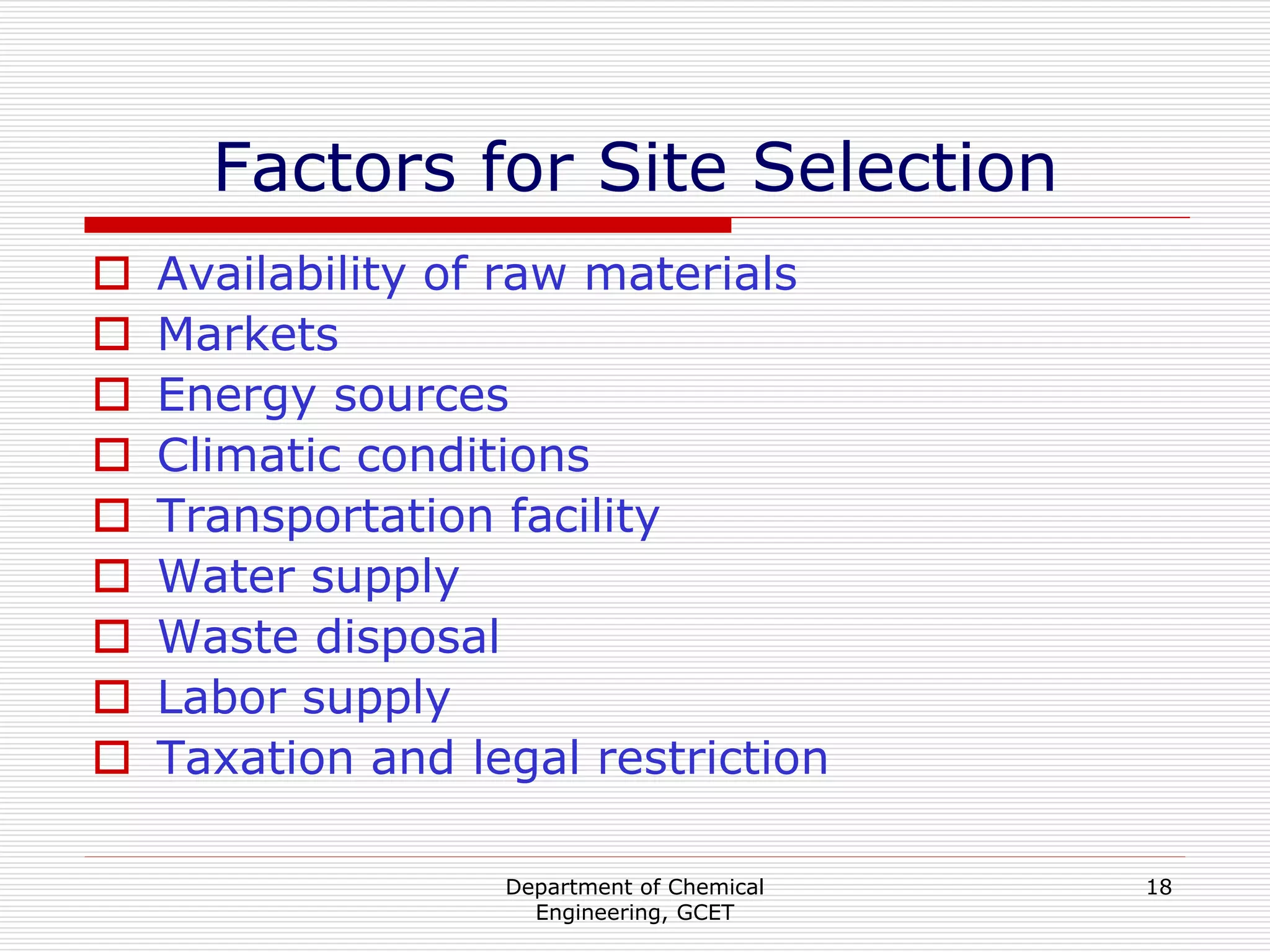 Department of Chemical
Engineering, GCET
18
Factors for Site Selection
 Availability of raw materials
 Markets
 Energy sources
 Climatic conditions
 Transportation facility
 Water supply
 Waste disposal
 Labor supply
 Taxation and legal restriction
 