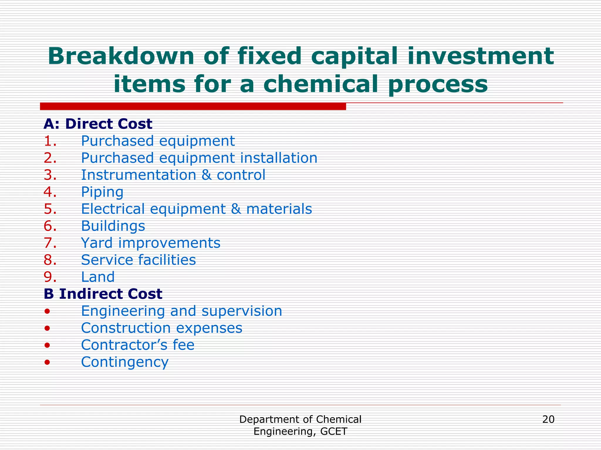 Department of Chemical
Engineering, GCET
20
Breakdown of fixed capital investment
items for a chemical process
A: Direct Cost
1. Purchased equipment
2. Purchased equipment installation
3. Instrumentation & control
4. Piping
5. Electrical equipment & materials
6. Buildings
7. Yard improvements
8. Service facilities
9. Land
B Indirect Cost
• Engineering and supervision
• Construction expenses
• Contractor’s fee
• Contingency
 