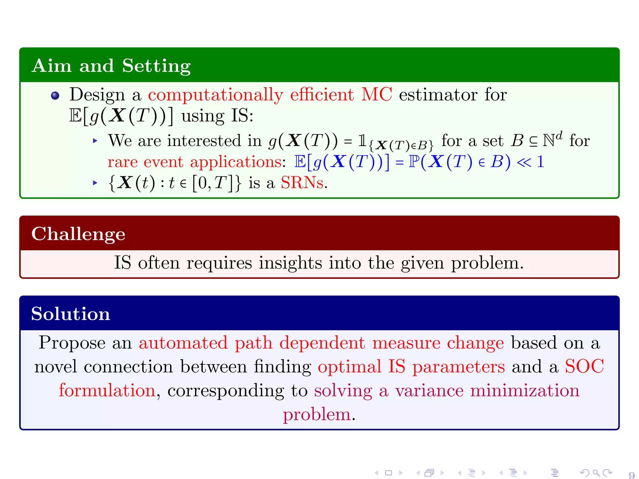 Aim and Setting
Design a computationally efficient MC estimator for
E[g(X(T))] using IS:
▸ We are interested in g(X(T)) = 1{X(T )∈B} for a set B ⊆ Nd
for
rare event applications: E[g(X(T))] = P(X(T) ∈ B) ≪ 1
▸ {X(t) ∶ t ∈ [0,T]} is a SRNs.
Challenge
IS often requires insights into the given problem.
Solution
Propose an automated path dependent measure change based on a
novel connection between finding optimal IS parameters and a SOC
formulation, corresponding to solving a variance minimization
problem.
 
