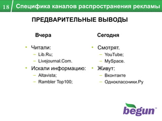 Вчера Читали : Lib.Ru ; Livejournal.Com . Искали информацию : Altavista ; Rambler Top100 ; Сегодня Смотрят. YouTube ; MySpace . Живут: Вконтакте Одноклассники.Ру Специфика каналов распространения рекламы ПРЕДВАРИТЕЛЬНЫЕ ВЫВОДЫ 