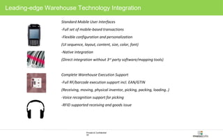 Leading-edge Warehouse Technology Integration 
Standard Mobile User Interfaces 
-Full set of mobile-based transactions 
-Flexible configuration and personalization 
(UI sequence, layout, content, size, color, font) 
-Native integration 
(Direct integration without 3rd party software/mapping tools) 
Complete Warehouse Execution Support 
-Full RF/barcode execution support incl. EAN/GTIN 
(Receiving, moving, physical inventor, picking, packing, loading..) 
-Voice recognition support for picking 
-RFID supported receiving and goods issue 
Private & Confidential 
20 
 