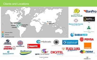 Private & Confidential 
4 
Noida 
Dominican Republic 
Panama Venezuela 
Puerto Rico 
Colombia 
New Delhi 
Clients and Locations 
Corporate Office 
Presence 
Development center 
 