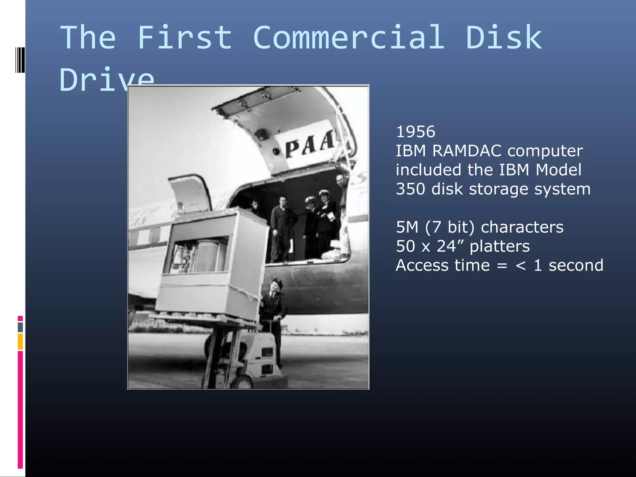 The First Commercial Disk
Drive
1956
IBM RAMDAC computer
included the IBM Model
350 disk storage system
5M (7 bit) characters
50 x 24” platters
Access time = < 1 second
 