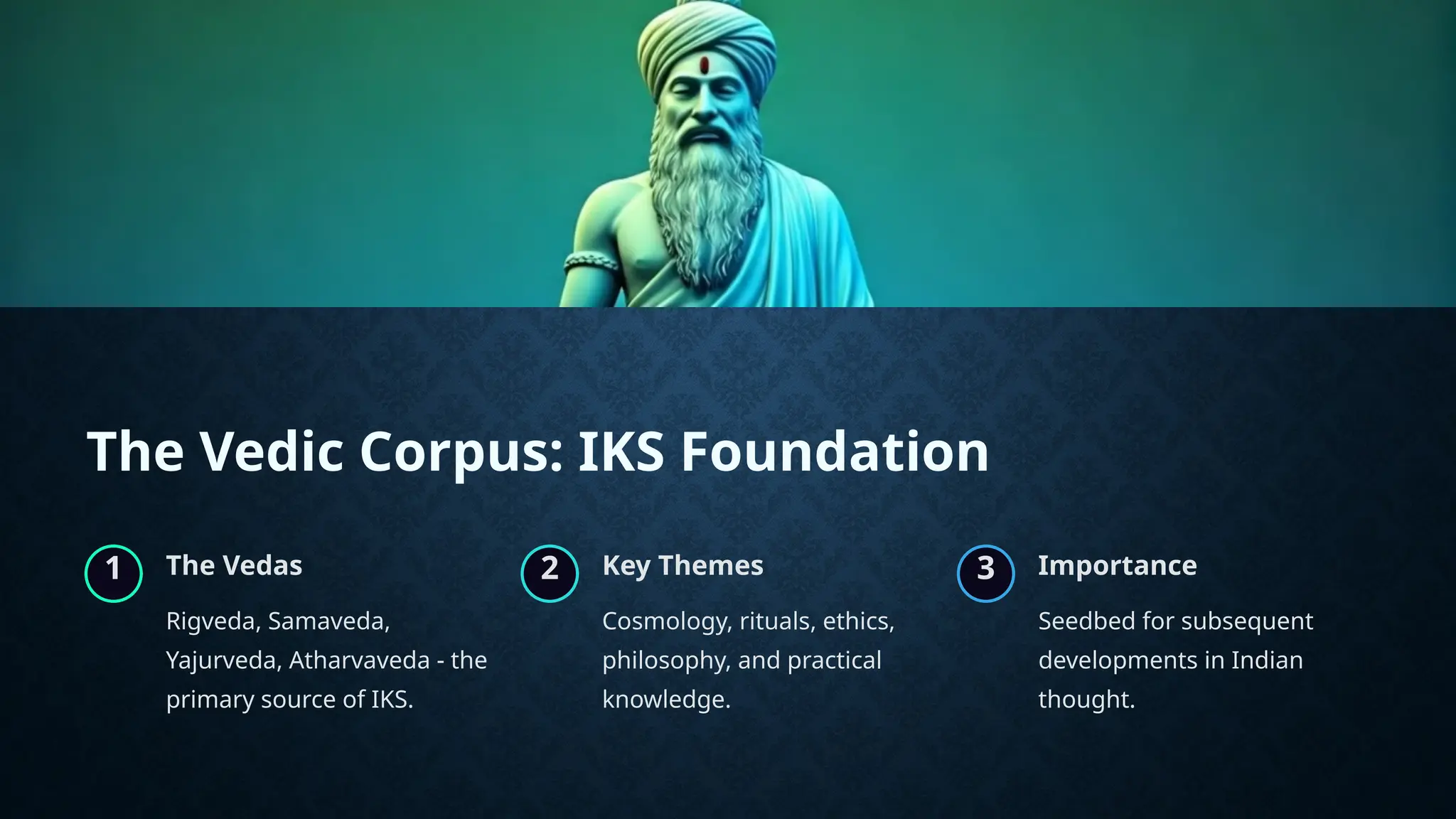 The Vedic Corpus: IKS Foundation
1 The Vedas
Rigveda, Samaveda,
Yajurveda, Atharvaveda - the
primary source of IKS.
2 Key Themes
Cosmology, rituals, ethics,
philosophy, and practical
knowledge.
3 Importance
Seedbed for subsequent
developments in Indian
thought.
 