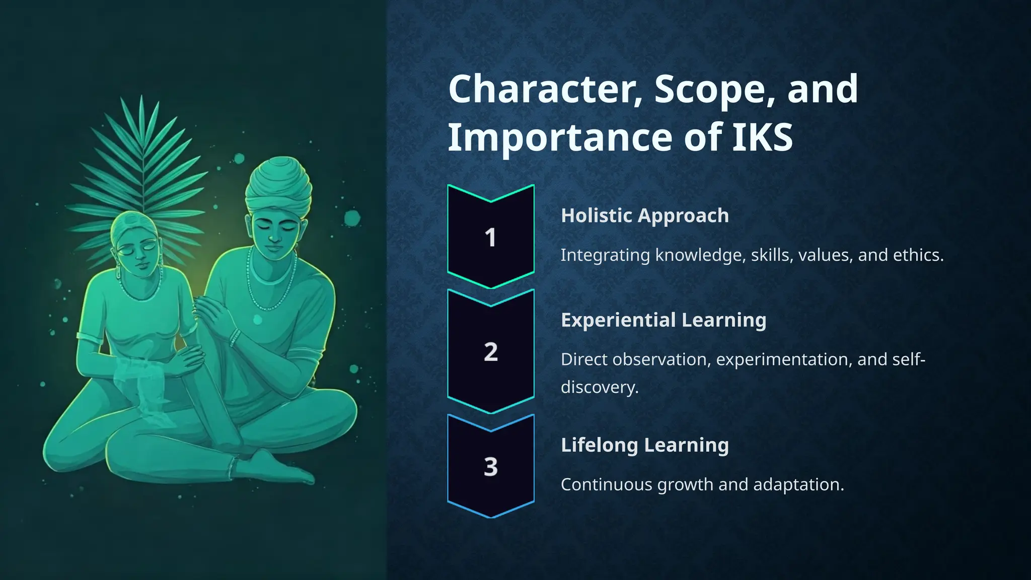 Character, Scope, and
Importance of IKS
Holistic Approach
Integrating knowledge, skills, values, and ethics.
Experiential Learning
Direct observation, experimentation, and self-
discovery.
Lifelong Learning
Continuous growth and adaptation.
 