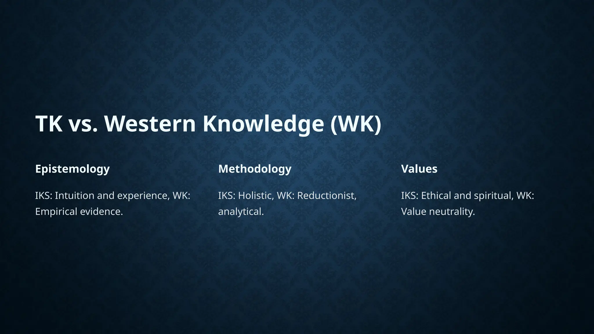 TK vs. Western Knowledge (WK)
Epistemology
IKS: Intuition and experience, WK:
Empirical evidence.
Methodology
IKS: Holistic, WK: Reductionist,
analytical.
Values
IKS: Ethical and spiritual, WK:
Value neutrality.
 
