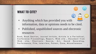 WHAT TO CITE?
◈ Anything which has provided you with
information, data or opinions needs to be cited.
◈ Published, unpublished sources and electronic
resources
3
B o o k , B o o k S e c t i o n , J o u r n a l A r t i c l e , A r t i c l e i n a P e r i o d i c a l ,
C o n f e r e n c e P r o c e e d i n g s , R e p o r t , W e b s i t e , D o c u m e n t f r o m
W e b s i t e , E l e c t r o n i c S o u r c e , A r t , S o u n d R e c o r d i n g ,
P e r f o r m a n c e , F i l m , I n t e r v i e w , P a t e n t , C a s e , M i s c e l l a n e o u s
 
