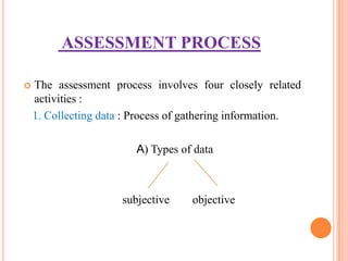 ASSESSMENT PROCESS

   The assessment process involves four closely related
    activities :
    1. Collecting data : Process of gathering information.

                         A) Types of data



                      subjective    objective
 