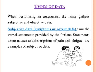 TYPES OF DATA

When performing an assessment the nurse gathers
subjective and objective data.
Subjective data (symptoms or covert data) : are the
verbal statements provided by the Patient. Statements
about nausea and descriptions of pain and fatigue are
examples of subjective data.
 