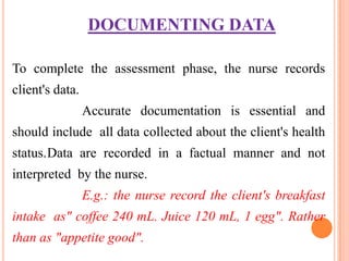 DOCUMENTING DATA

To complete the assessment phase, the nurse records
client's data.
                 Accurate documentation is essential and
should include all data collected about the client's health
status.Data are recorded in a factual manner and not
interpreted by the nurse.
                 E.g.: the nurse record the client's breakfast
intake as" coffee 240 mL. Juice 120 mL, 1 egg". Rather
than as "appetite good".
 