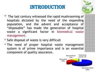 INTRODUCTION
 The last century witnessed the rapid mushrooming of
hospitals dictated by the need of the expanding
population, and the advent and acceptance of
“disposable” has made the generation of hospital
waste a significant factor in biomedical waste
management.
 Safe disposal of waste is very difficult
 The need of proper hospital waste management
system is of prime importance and is an essential
component of quality assurance.
 