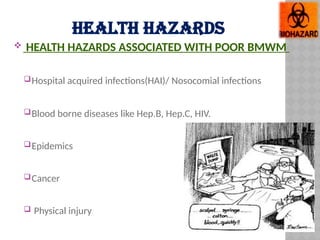 HEALTH HAZARDS
 HEALTH HAZARDS ASSOCIATED WITH POOR BMWM
Hospital acquired infections(HAI)/ Nosocomial infections
Blood borne diseases like Hep.B, Hep.C, HIV.
Epidemics
Cancer
 Physical injury
 