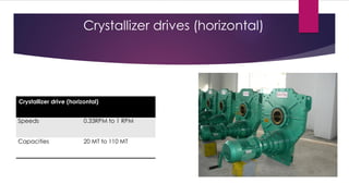 Crystallizer drives (horizontal)




Crystallizer drive (horizontal)


Speeds                   0.33RPM to 1 RPM


Capacities               20 MT to 110 MT
 