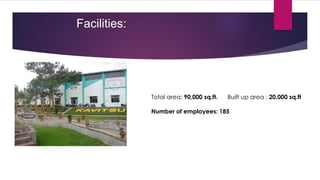 Facilities:




              Total area: 90,000 sq.ft.   Built up area : 20,000 sq.ft

              Number of employees: 185
 