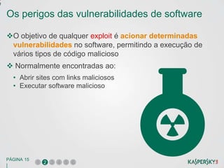 e

    Os perigos das vulnerabilidades de software

    O objetivo de qualquer exploit é acionar determinadas
     vulnerabilidades no software, permitindo a execução de
     vários tipos de código malicioso
     Normalmente encontradas ao:
        • Abrir sites com links maliciosos
        • Executar software malicioso




    PÁGINA 15
                1 2 3 4 5 6
    |
 