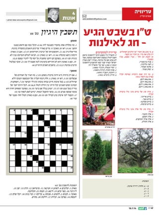 ‫טריוויה‬
‫עמרם קליין‬

‫‪amramklein@yahoo.com‬‬

‫טו בשבט הגיע‬
‫– חג לאילנות‬
‫א. מי כתב את השיר כך הולכים השותלים/‬
‫רון בלב ואת ביד/ מן העיר ומן הכפר/‬
‫מן העמק ומן ההר / בטו בשבט, בטו‬
‫בשבט?‬
‫1. פניה ברגשטיין.‬
‫2. לאה גולדברג.‬
‫3. שלמה שנהוד.‬
‫4. יצחק שנהר.‬
‫ב. מה היה שטח היערות בפיקוח קקל‬
‫בארץ נכון לסוף 2102?‬
‫1. 605,608 דונם.‬
‫2. 605,609 דונם.‬
‫3. 605,600,1 דונם.‬
‫4. 605,603,1 דונם.‬

‫טריוויה למתקדמים‬

‫ה. התאריך טו בשבט הוזכר לראשונה כראש‬
‫השנה לאילן במסכת ראש השנה במשנה, אבל‬
‫לא נכתב שם על נטיעות. באיזה יישוב בארץ‬
‫ישראל ובאיזו שנה יצאו התושבים לראשונה‬
‫ונטעו כ-005,1 עצי פרי בתאריך זה?‬
‫1. יסוד המעלה, תרמד (4881).‬
‫2. פתח תקווה, תרמט (9881).‬
‫3. רחובות, תשנה (5981).‬
‫4. חדרה, תרסא (1091).‬

‫ג. איזה סוג של ברוש אינו גדל ביערות‬
‫קקל?‬
‫1. ברוש אריזוני.‬
‫2. ברוש מצוי.‬
‫3. ברוש אטלנטי.‬
‫4. ברוש הביצות.‬

‫4‬
‫אונות‬

‫תשבץ היגיון‬

‫‪ amosquitoz@gmail.com‬עמוס צימרמן ©‬

‫מס' 66‬

‫מאוזן:‬
‫1. מה מקללת אחת מהעדר כשנגמר לה? (6); 4. קיבל מכה עם הראש בטנגו‬
‫חושני (4); 8. ראו 02 מאונך; 9. מרים באוויר פריטים תואמים כהצהרת כוונות‬
‫אידיאולוגית (6); 11. הקוסמטיקה של זנדברג וקרדשיאן (7); 21. (עם 31 מאוזן)‬
‫היכתה נישא ומוטלת (6); 31. ראו 21 מאוזן; 51. הביאו לעולם תערובת בנין לא‬
‫בוגרת (ש) (7); 81. בשובם הם רוקנו מחסנית על קוף בלי להניד עפעף (3,3);‬
‫91. (עם 3 מאונך) הוא לא התייחס ברצינות למה שצנח לו (4); 12. קובר בבלבול‬
‫כרטיס נסיעות (2,2); 22. מושכים הפכים קיומיים (6).‬

‫מאונך:‬
‫1. אם רק מיהרת היא היתה מדברת בשקט (5); 2. מה האיר על הפרחים של‬
‫אבשלום? (5); 3. ראו 91 מאוזן; 5. חלק הגוף העליון של המכשפה הטובה ללא‬
‫שרוולים (5); 6. בעל איכות חיים גבוהה בזכות תרגילי הכושר (5); 7. השחקנית‬
‫הבחינה שהם השמיעו קול חייתי בין הדלת לנחל (3,4); 01. לכל היותר חבר של‬
‫מוריץ בעל פגם (ש) (7); 31. יעזוב בגלל פס ביער (5); 41. מסתבר ששחקן החוץ הוא‬
‫בהמה שעשה סמים (5); 61. מוסר ההשכל הנחות יגרום לאש לאחוז בה (5);‬
‫71. תעצור לפי איכות מוט הברזל (ש) (5); 02. (עם 8 מאוזן) המזל החד-פעמי של‬
‫עוזי (4).‬

‫ד. איזה סוג של אלון אינו גדל ביערות‬
‫קקל?‬
‫1. אלון התבור.‬
‫2. אלון השעם.‬
‫3. אלון ארוך העוקצים.‬
‫4. אלון התולע.‬
‫ילדים שותלים‬

‫עץ אלון‬

‫עץ ברוש‬

‫תשובות:‬
‫א – 4, הלחין: ידידיה אדמון.‬
‫ב – 3.‬
‫ג – 4.‬
‫ד – 2.‬
‫ה – 1.‬

‫24 ||‬

‫41.1.61‬

‫תשובות לתשבץ מס' 56:‬
‫מאוזן: 1. קולטים; 4. לפתע; 9. חמינאי; 11. סיטרואן; 21. הרה; 31. יפן; 51.‬
‫ליגיונר; 81. כפר קרא; 91. ליטא; 12. חטוף; 22. התלהמה.‬
‫מאונך: 1. קונוס; 2. להטוט; 5. פונקה; 6. עריקה; 7. זמר נוגה; 01. יובל שרף; 31.‬
‫יתכסח; 41. נצרבו; 61. ועידה; 71. רולטה; 02. מתיש.‬

 