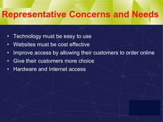 Representative Concerns and Needs Technology must be easy to use Websites must be cost effective Improve access by allowing their customers to order online Give their customers more choice  Hardware and Internet access 