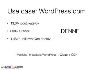 Use case: WordPress.com
• 13,6M používateľov
• 600K stránok
• 1,4M publikovaných postov
“Multisite” inštalácia WordPress + Cloud + CDN
DENNE
 