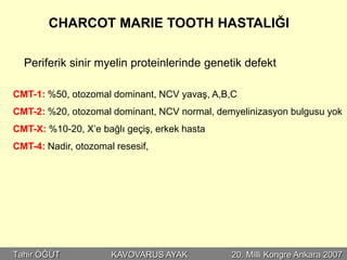 CHARCOT MARIE TOOTH HASTALIĞI

  Periferik sinir myelin proteinlerinde genetik defekt

CMT-1: %50, otozomal dominant, NCV yavaş, A,B,C
CMT-2: %20, otozomal dominant, NCV normal, demyelinizasyon bulgusu yok
CMT-X: %10-20, X’e bağlı geçiş, erkek hasta
CMT-4: Nadir, otozomal resesif,




Tahir ÖĞÜT            KAVOVARUS AYAK          20. Milli Kongre Ankara 2007
 