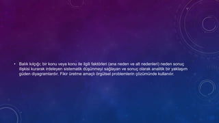 • Balık kılçığı; bir konu veya konu ile ilgili faktörleri (ana neden ve alt nedenleri) neden sonuç
ilişkisi kurarak irdeleyen sistematik düşünmeyi sağlayan ve sonuç olarak analitik bir yaklaşım
güden diyagramlardır. Fikir üretme amaçlı örgütsel problemlerin çözümünde kullanılır.
 