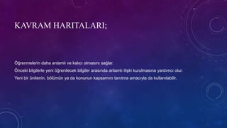KAVRAM HARITALARI;
Öğrenmelerin daha anlamlı ve kalıcı olmasını sağlar.
Önceki bilgilerle yeni öğrenilecek bilgiler arasında anlamlı ilişki kurulmasına yardımcı olur.
Yeni bir ünitenin, bölümün ya da konunun kapsamını tanıtma amacıyla da kullanılabilir.
 